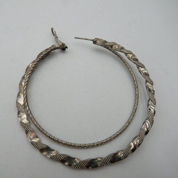 Vintage Silver Tone Oversized 2.5" Textured Double Hoop Earrings - Picture 2 of 7